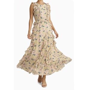 NWT $335 Ted Baker London Floral Ruffle Maxi Dress Pastel Cottagecore yellow Sz4